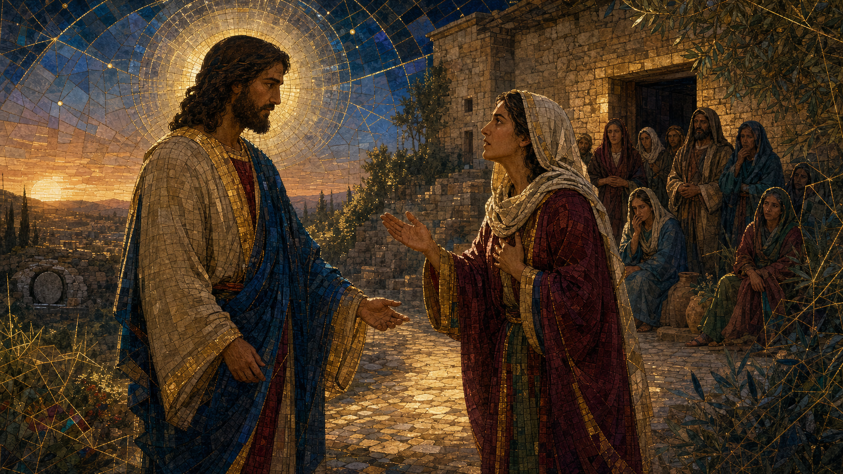 Christ meeting Martha on the road outside Bethany while Mary and mourners remain near the house and a sealed tomb rests in the distance, rendered in Byzantine mosaic, stained glass, gold leaf, and restrained luminous geometry