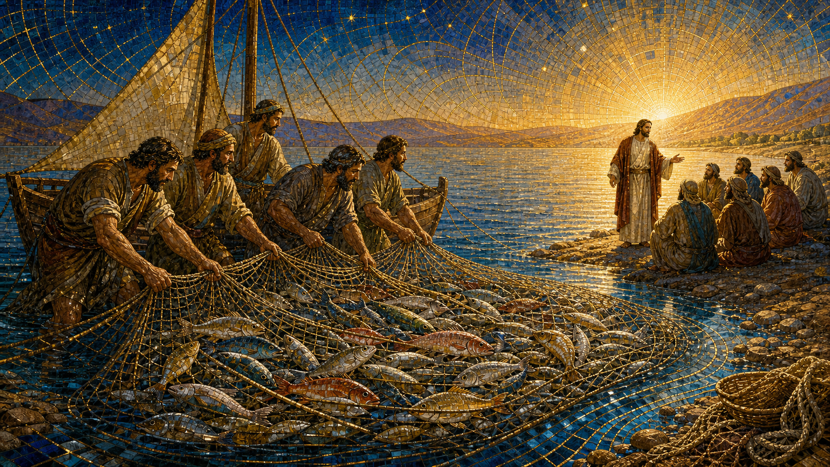 First-century fishermen drawing a vast net of many kinds of fish toward a luminous shore as Christ teaches his disciples nearby, rendered in Byzantine mosaic, stained glass, gold leaf, and restrained luminous geometry