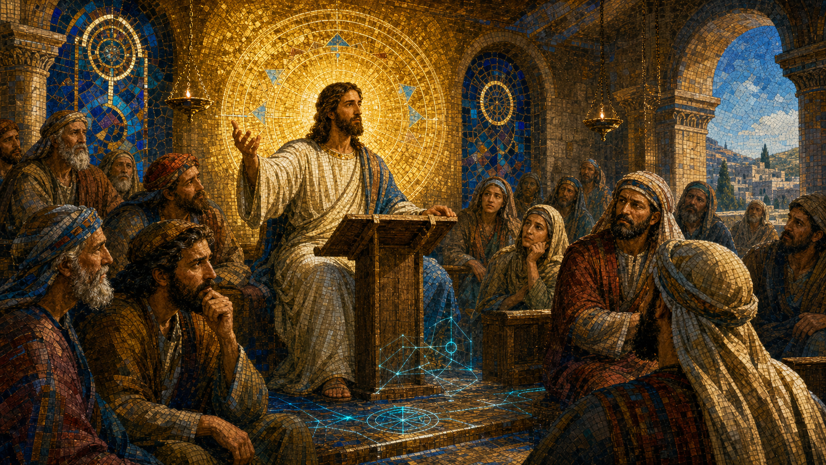 Christ teaching in the synagogue of Nazareth as familiar townspeople respond with astonishment and skepticism, rendered in Byzantine mosaic, stained glass, gold leaf, and restrained luminous geometry