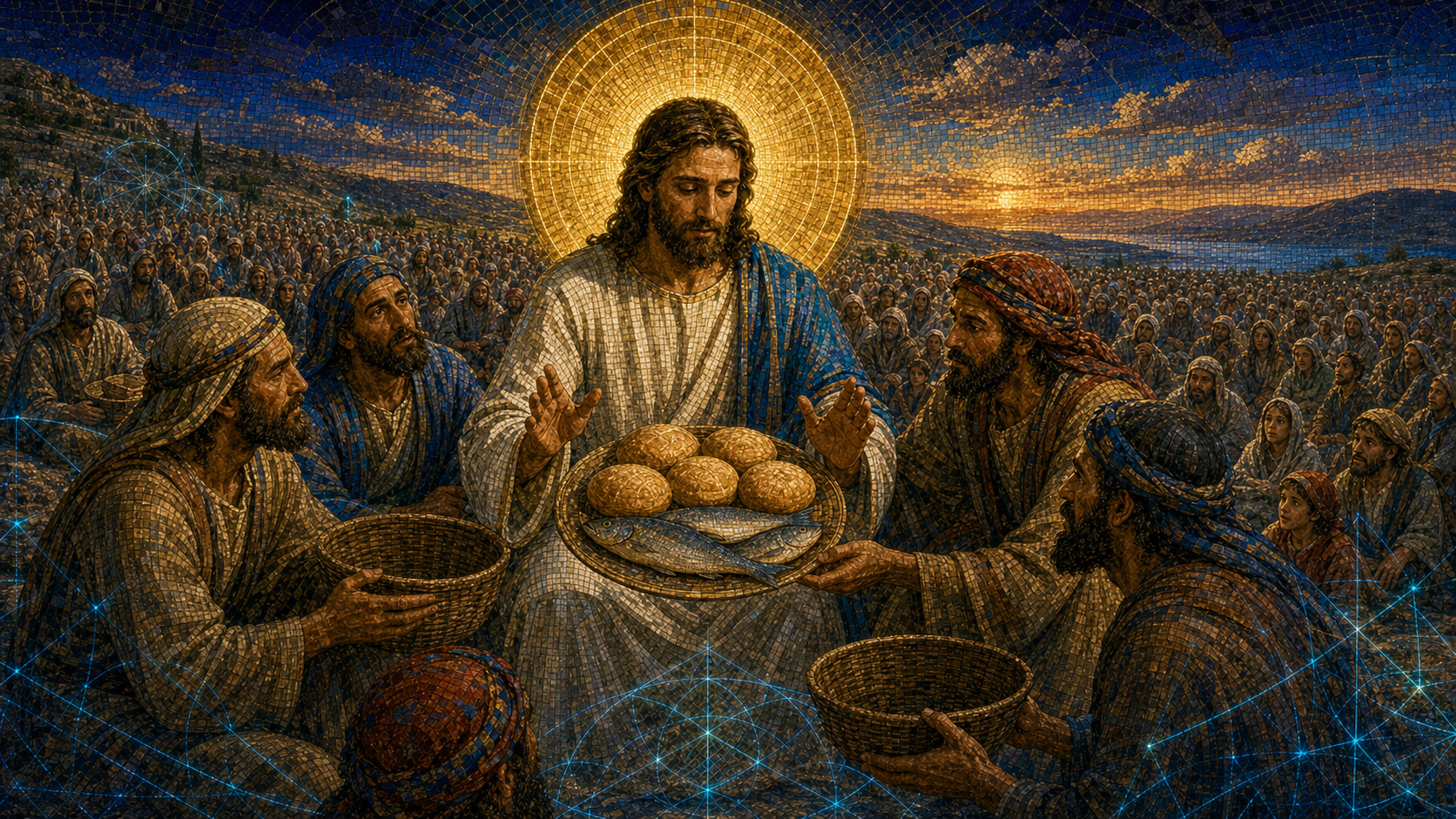 Christ blessing five loaves and two fish before the disciples and a vast crowd seated on desert grass, rendered in Byzantine mosaic, stained glass, gold leaf, and restrained luminous geometry