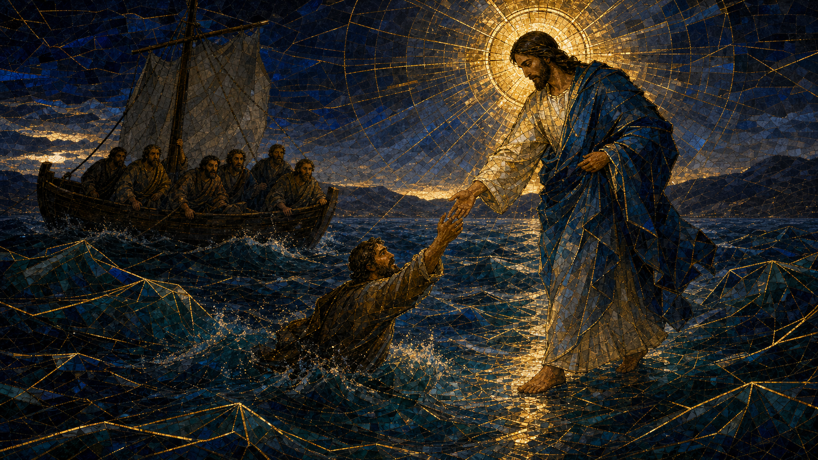 Christ walking across storm-darkened water toward the disciples' boat while reaching for Peter, rendered in Byzantine mosaic, stained glass, gold leaf, and restrained luminous geometry