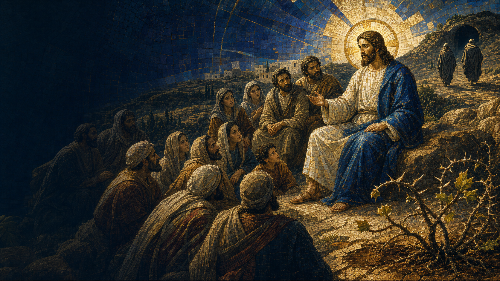 Christ teaching an attentive multitude beside an unfruitful thorn bush while two resistant figures withdraw toward shadow, rendered in Byzantine mosaic, stained glass, gold leaf, and luminous geometry