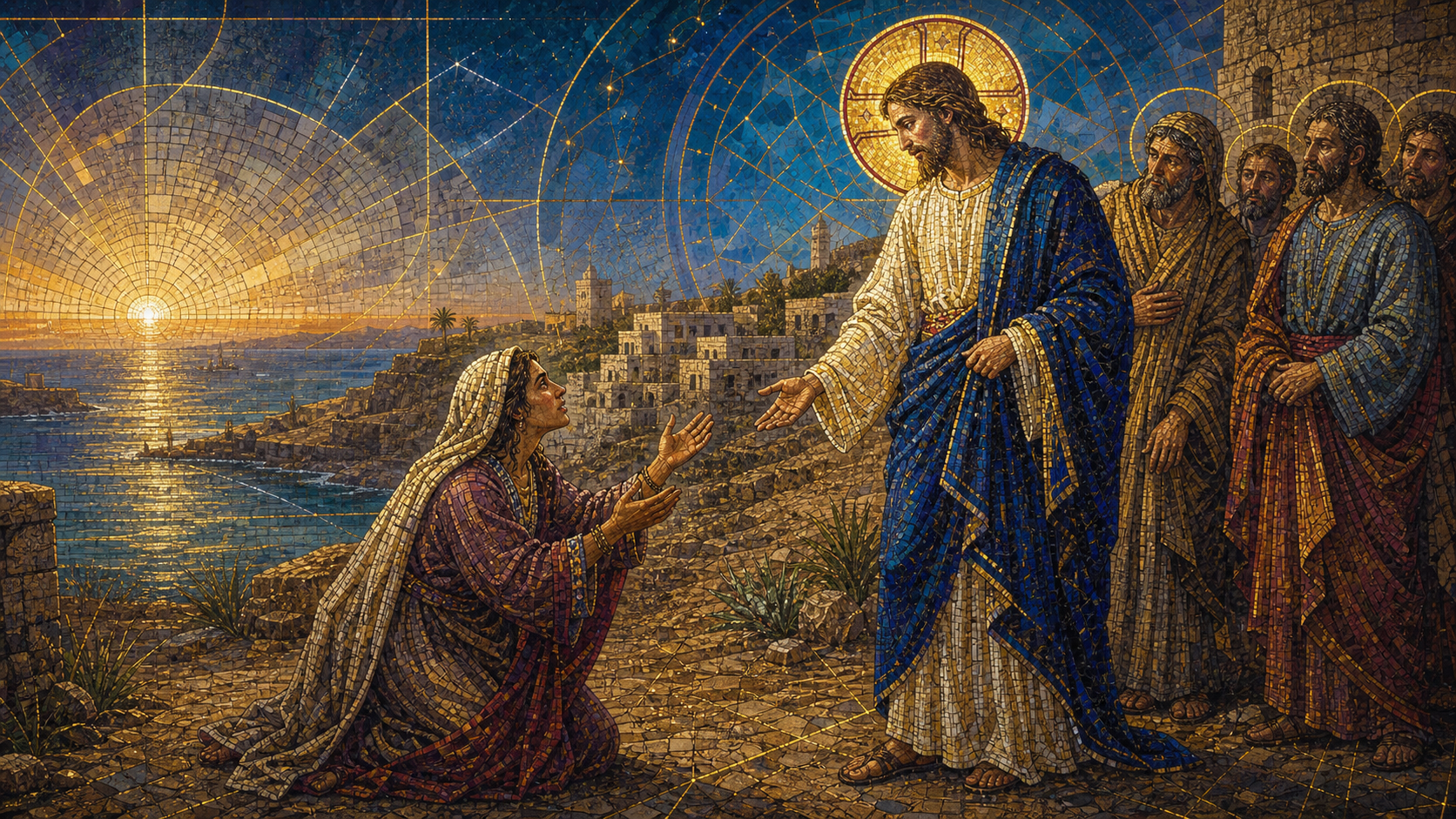 The Canaanite woman kneels in persevering prayer before Christ near the coast of Tyre and Sidon as disciples watch, rendered in Byzantine mosaic, stained glass, gold leaf, and luminous geometry