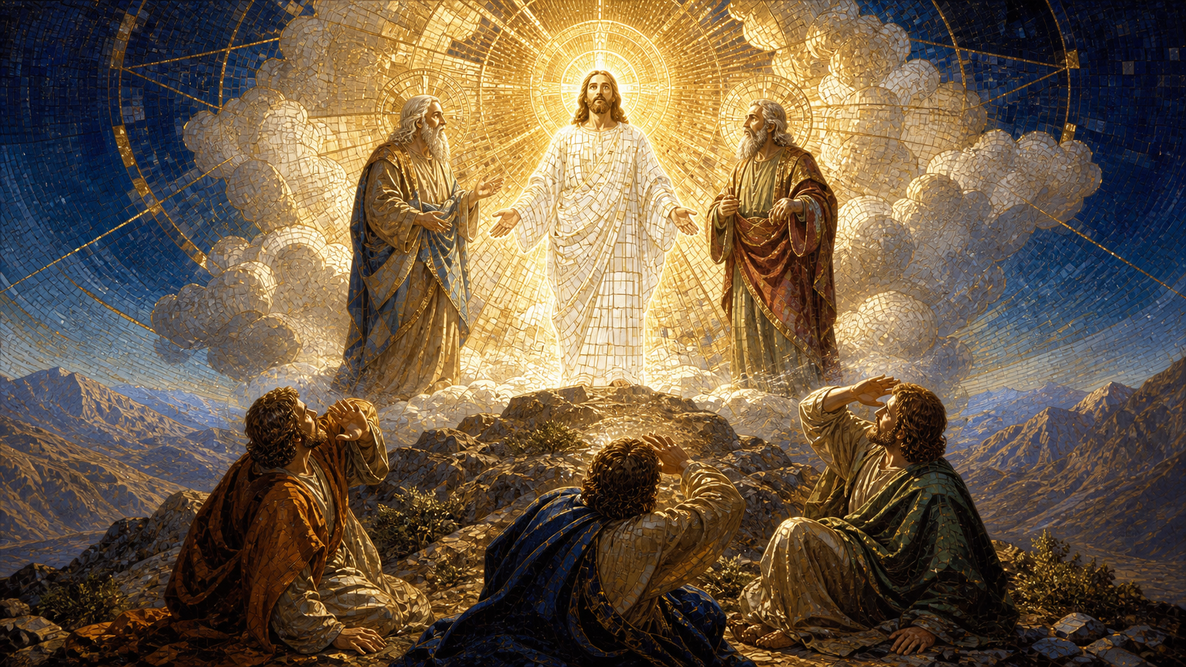 Christ shines in glory between Moses and Elias on the mountain while Peter, James, and John fall in awe beneath a bright cloud, rendered in Byzantine mosaic, stained glass, gold leaf, and luminous geometry