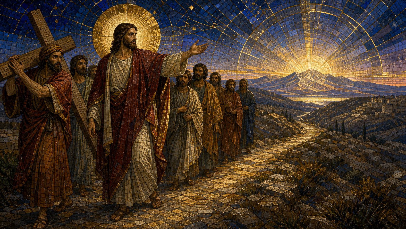 Christ leads his disciples along a rising Judean path as one man lifts a wooden crossbeam toward a radiant mountain horizon, rendered in Byzantine mosaic, stained glass, gold leaf, and luminous geometry