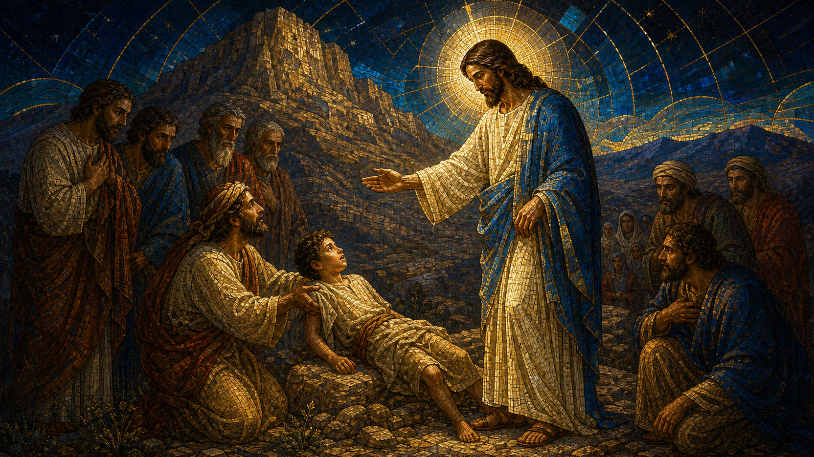 A kneeling father presents his afflicted son to Christ below the mountain while the disciples and crowd look on, rendered in Byzantine mosaic, stained glass, gold leaf, and luminous geometry