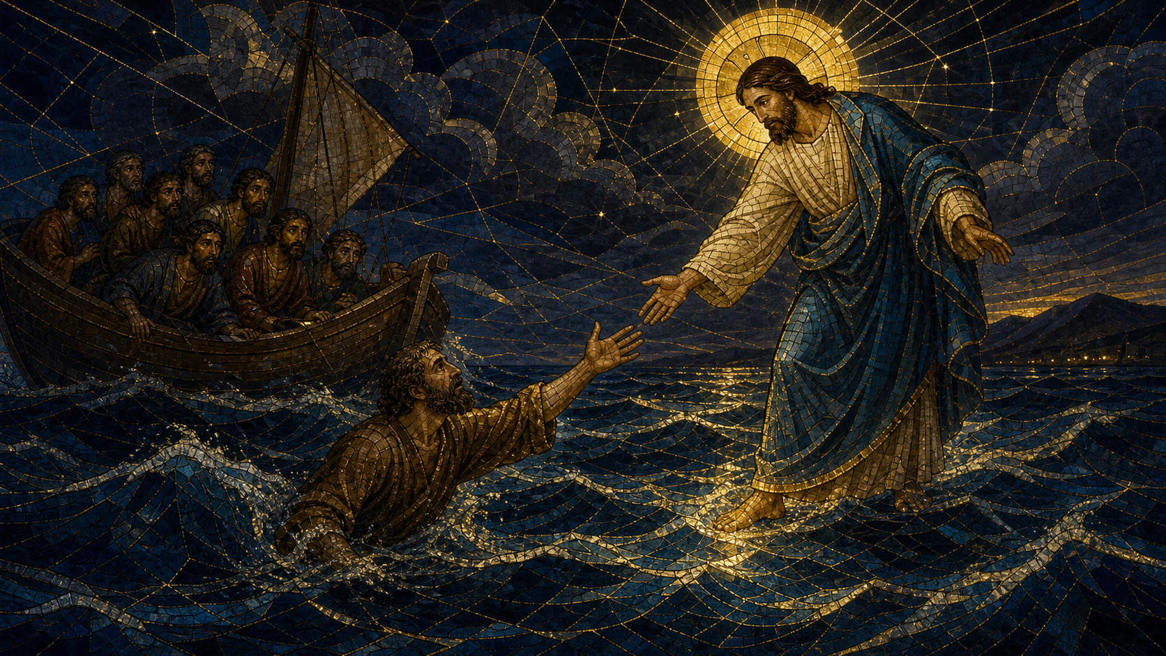 Christ reaches across a stormy night sea toward the sinking Peter while the disciples watch from their boat, rendered in Byzantine mosaic, stained glass, gold leaf, and luminous geometry