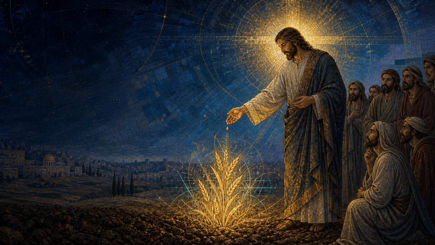 Christ releases a grain of wheat into dark earth as luminous golden wheat rises before attentive disciples, rendered in Byzantine mosaic, stained glass, gold leaf, and restrained luminous geometry