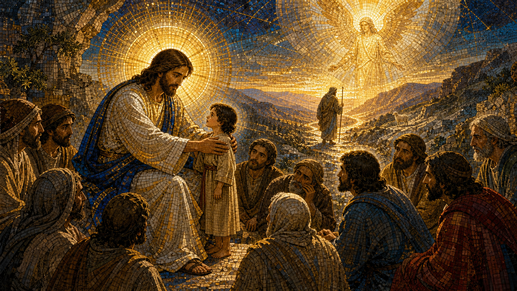 Christ places a small child among the disciples while a luminous shepherding path and guardian angel suggest the Father’s care for every little one, in Byzantine mosaic, stained glass, gold leaf, and restrained luminous geometry