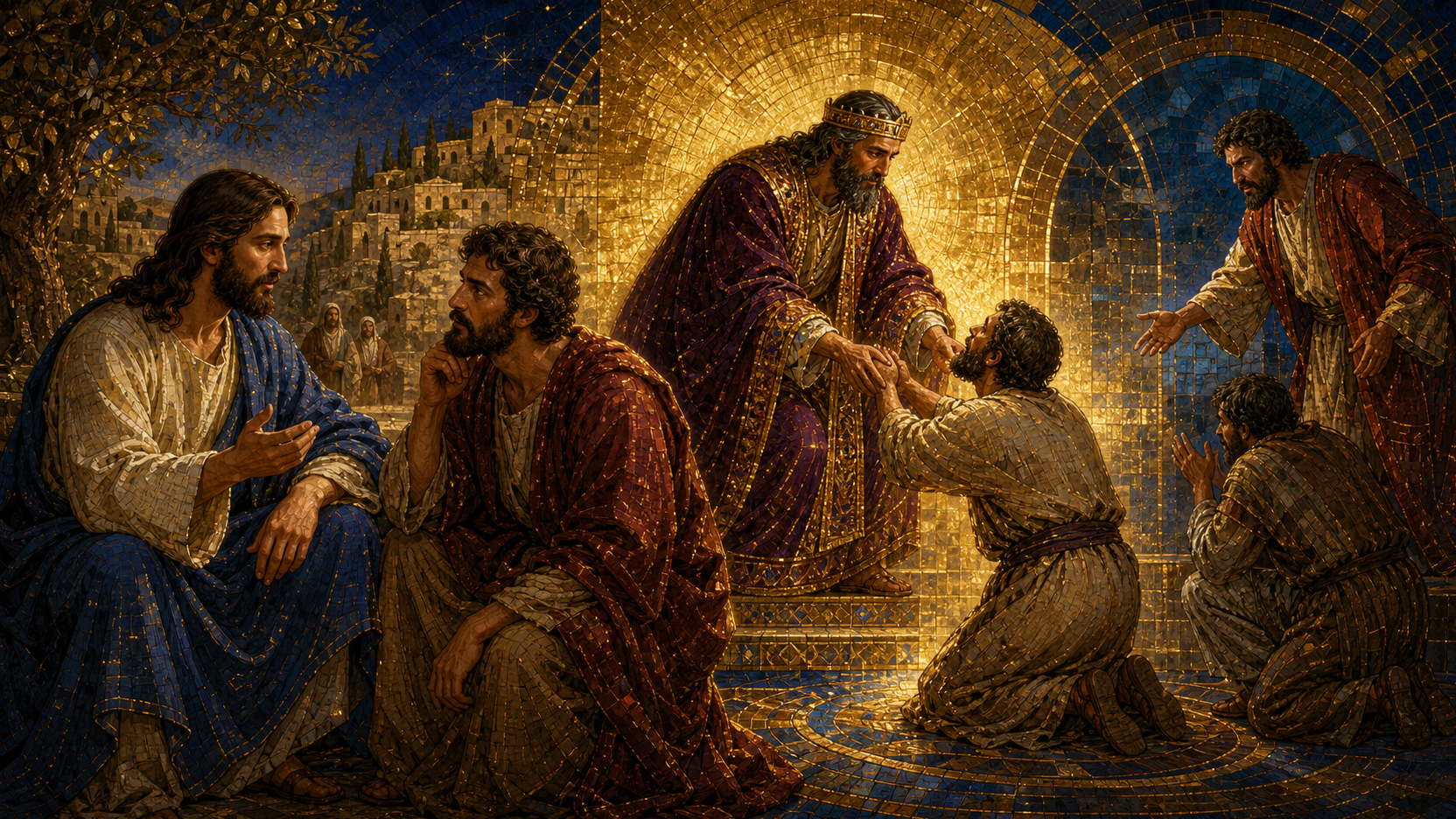 Jesus teaches Peter beside a luminous vision of a compassionate king lifting a kneeling debtor, rendered in Byzantine mosaic, stained glass, gold leaf, and restrained luminous geometry