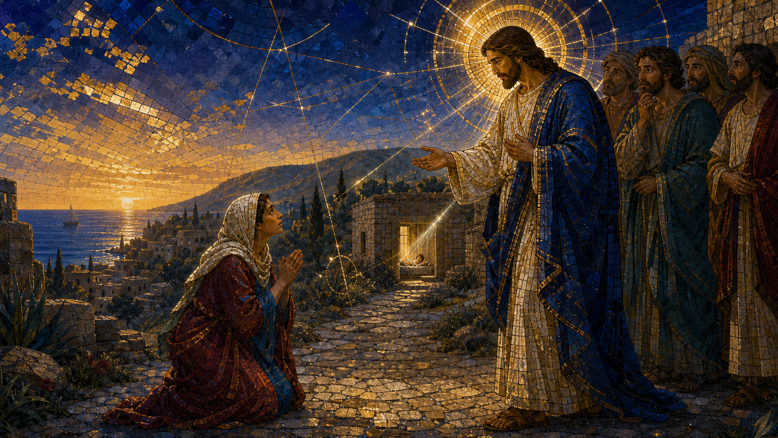 A Canaanite mother kneels before Jesus at the edge of Tyre and Sidon as a child rests within a distant luminous home, rendered in Byzantine mosaic, stained glass, gold leaf, and restrained futuristic geometry