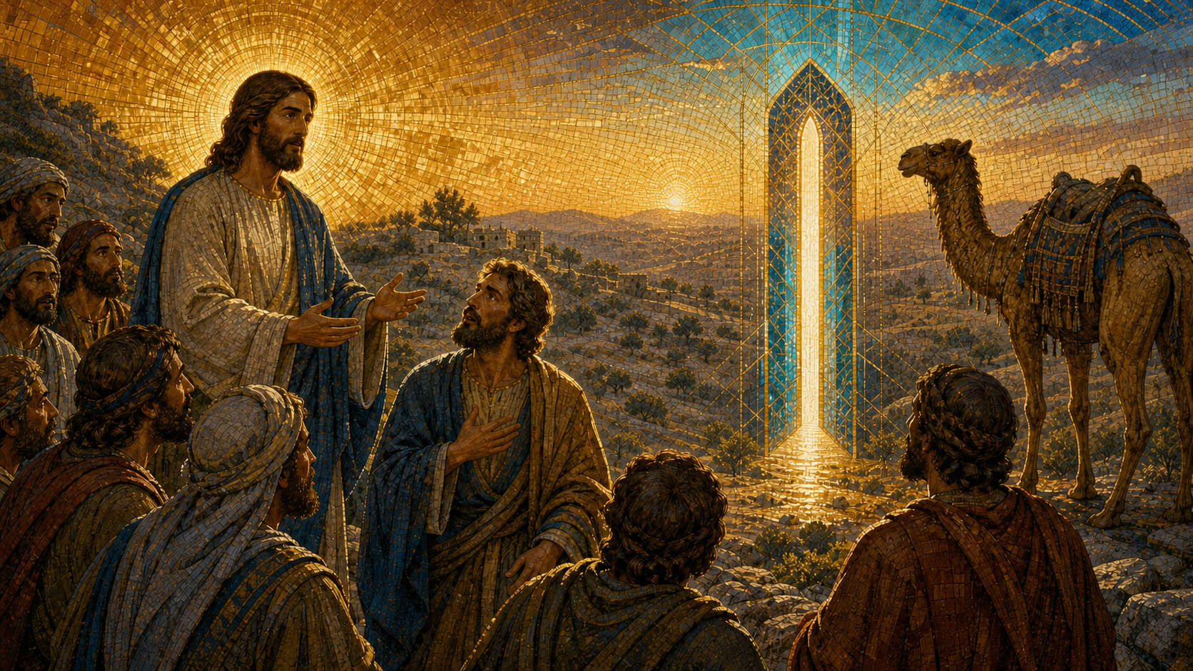 Jesus teaches his astonished disciples on a Judean hillside as a camel stands beside a narrow luminous gateway, rendered in Byzantine mosaic, stained glass, gold leaf, and restrained futuristic geometry