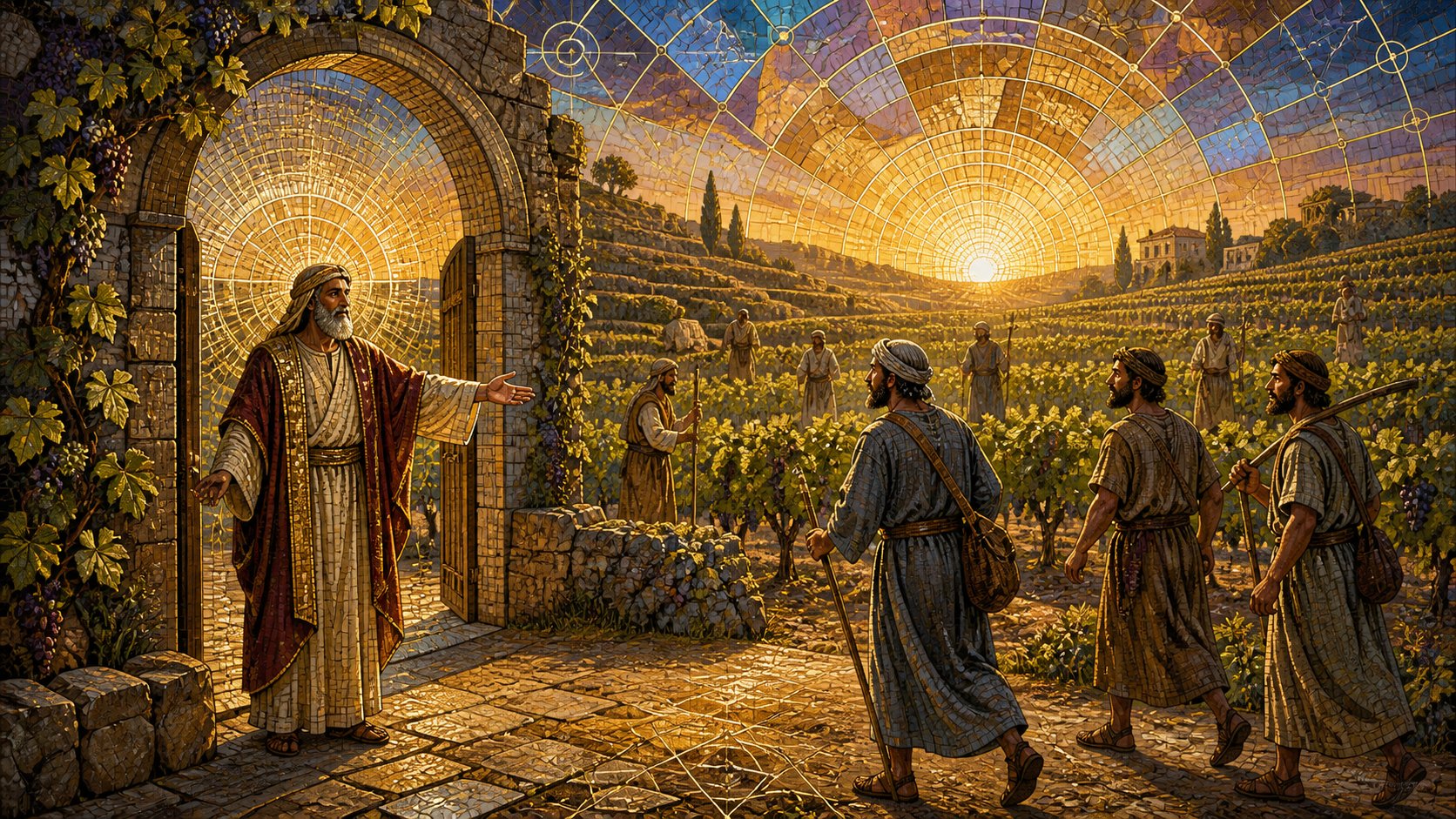 A gracious vineyard owner welcomes laborers at the luminous eleventh hour while earlier workers gather among grapevines, rendered in Byzantine mosaic, stained glass, gold leaf, and restrained futuristic geometry