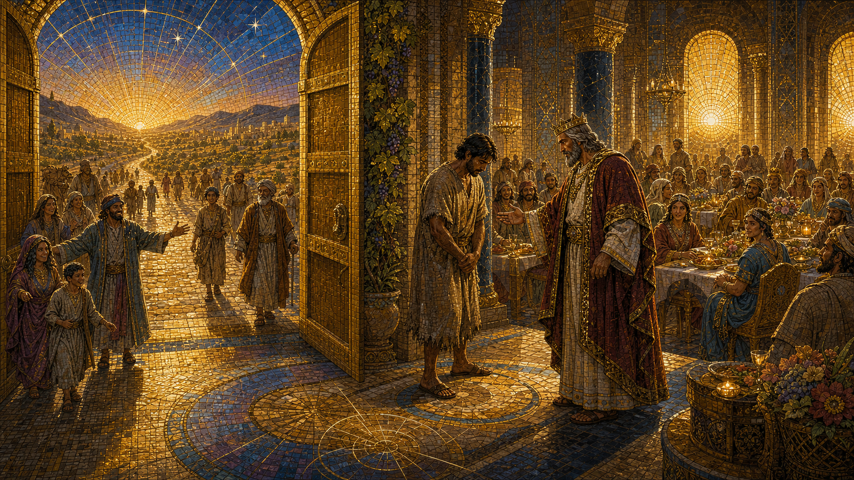 A royal wedding feast opens onto luminous crossroads as servants welcome a diverse crowd while one unrobed guest stands before the king, rendered in Byzantine mosaic, stained glass, gold leaf, and restrained futuristic geometry