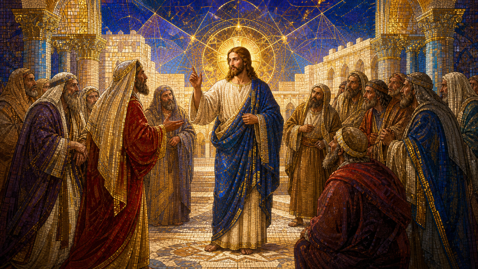 Jesus teaches a gathered lawyer and Pharisees in a luminous Temple colonnade, rendered in Byzantine mosaic, stained glass, gold leaf, and restrained futuristic geometry