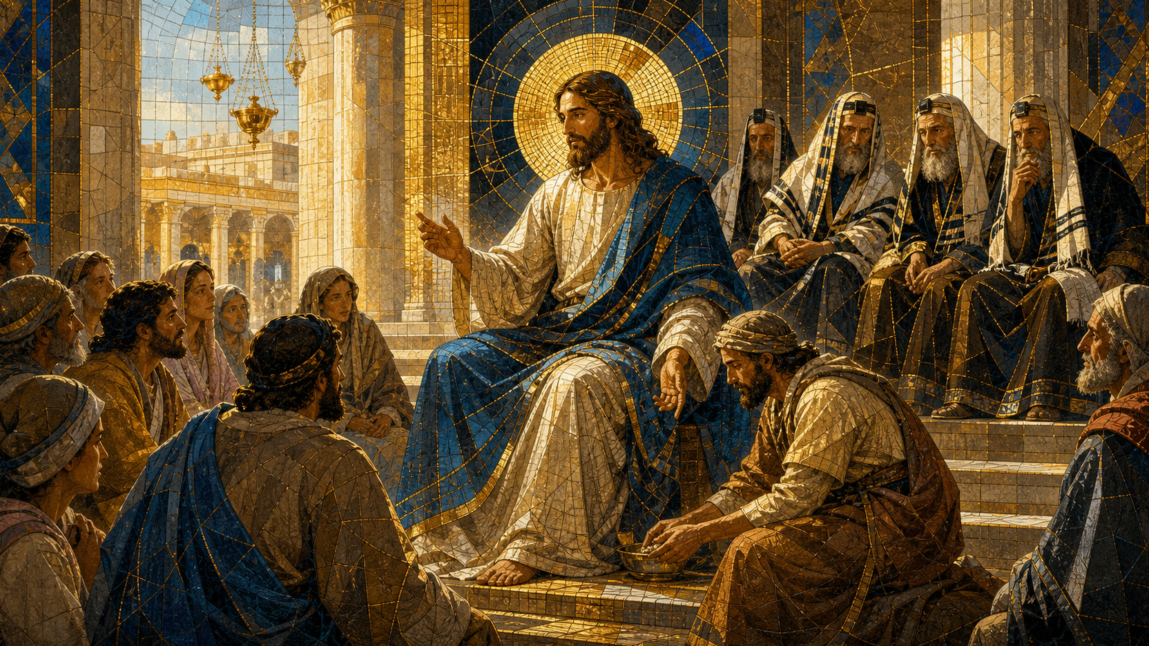 Jesus teaches crowds and disciples in a luminous Temple colonnade while a servant helps another person, rendered in Byzantine mosaic, stained glass, gold leaf, and restrained sacred geometry