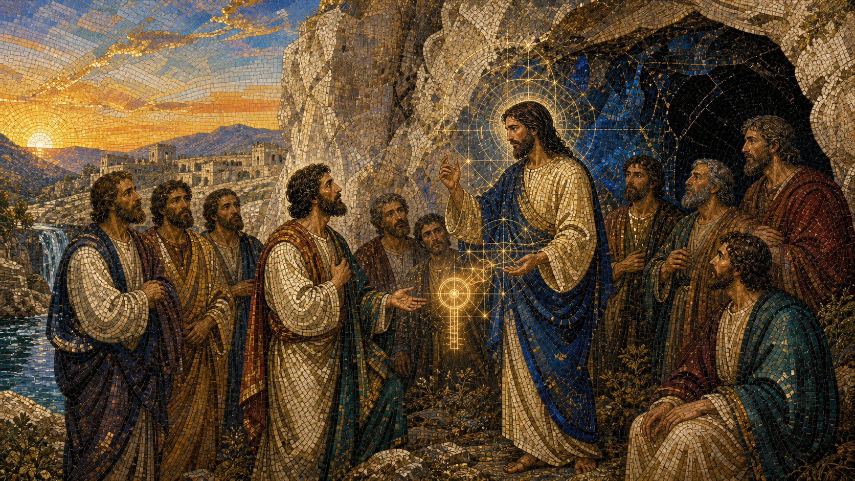 Jesus questions the disciples beside the rock and cavern of Caesarea Philippi as Peter steps forward, rendered in Byzantine mosaic, stained glass, gold leaf, and luminous sacred geometry