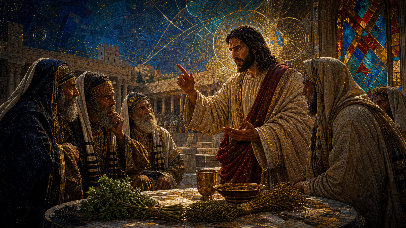 Jesus confronts scribes and Pharisees beside carefully measured herbs, a cup, and a dish in the Temple court, rendered in Byzantine mosaic, stained glass, gold leaf, and luminous sacred geometry