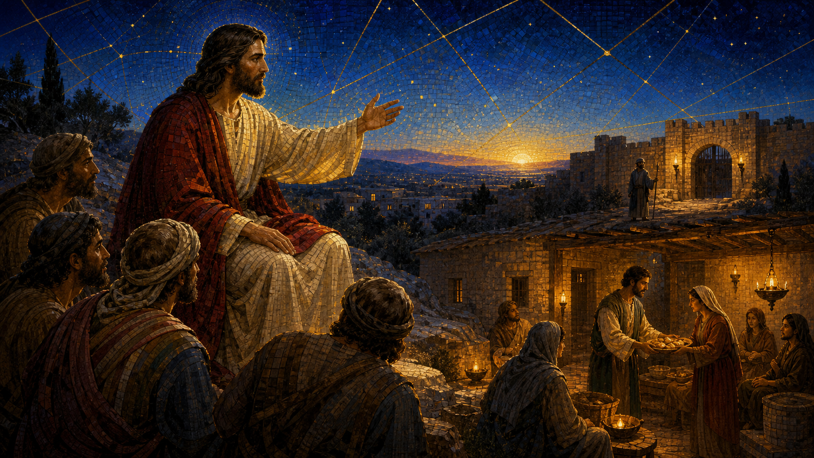 Jesus teaches his disciples at predawn while a faithful steward distributes bread in a lamp-lit household below, rendered in Byzantine mosaic, stained glass, gold leaf, and luminous sacred geometry