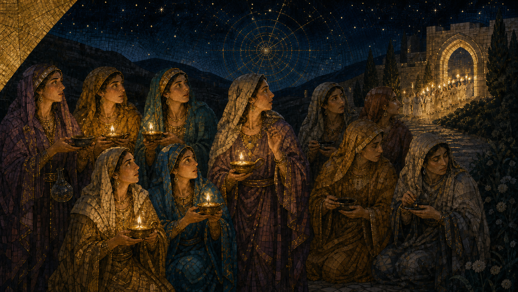 Ten virgins await the approaching bridegroom at midnight, five holding radiant oil lamps and five facing fading flames, in Byzantine mosaic, stained glass, gold leaf, and restrained luminous geometry
