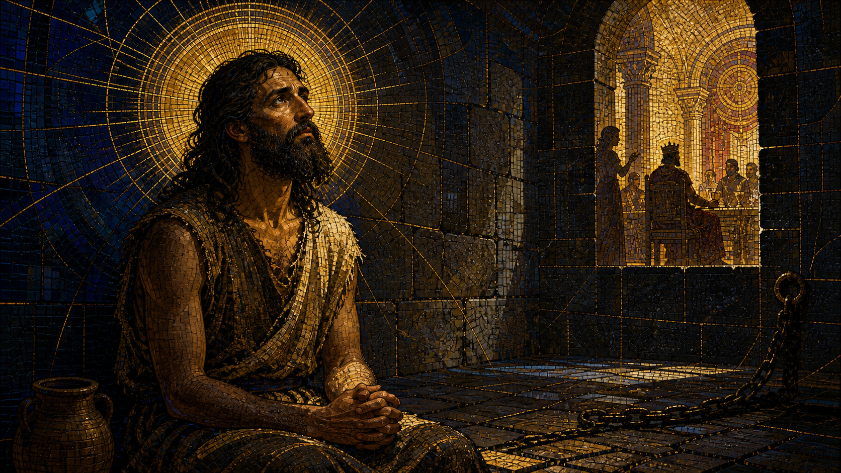 Saint John the Baptist prays steadfastly in a shadowed stone prison while Herod’s distant banquet glows through an arch, rendered in Byzantine mosaic, stained glass, gold leaf, and luminous geometry