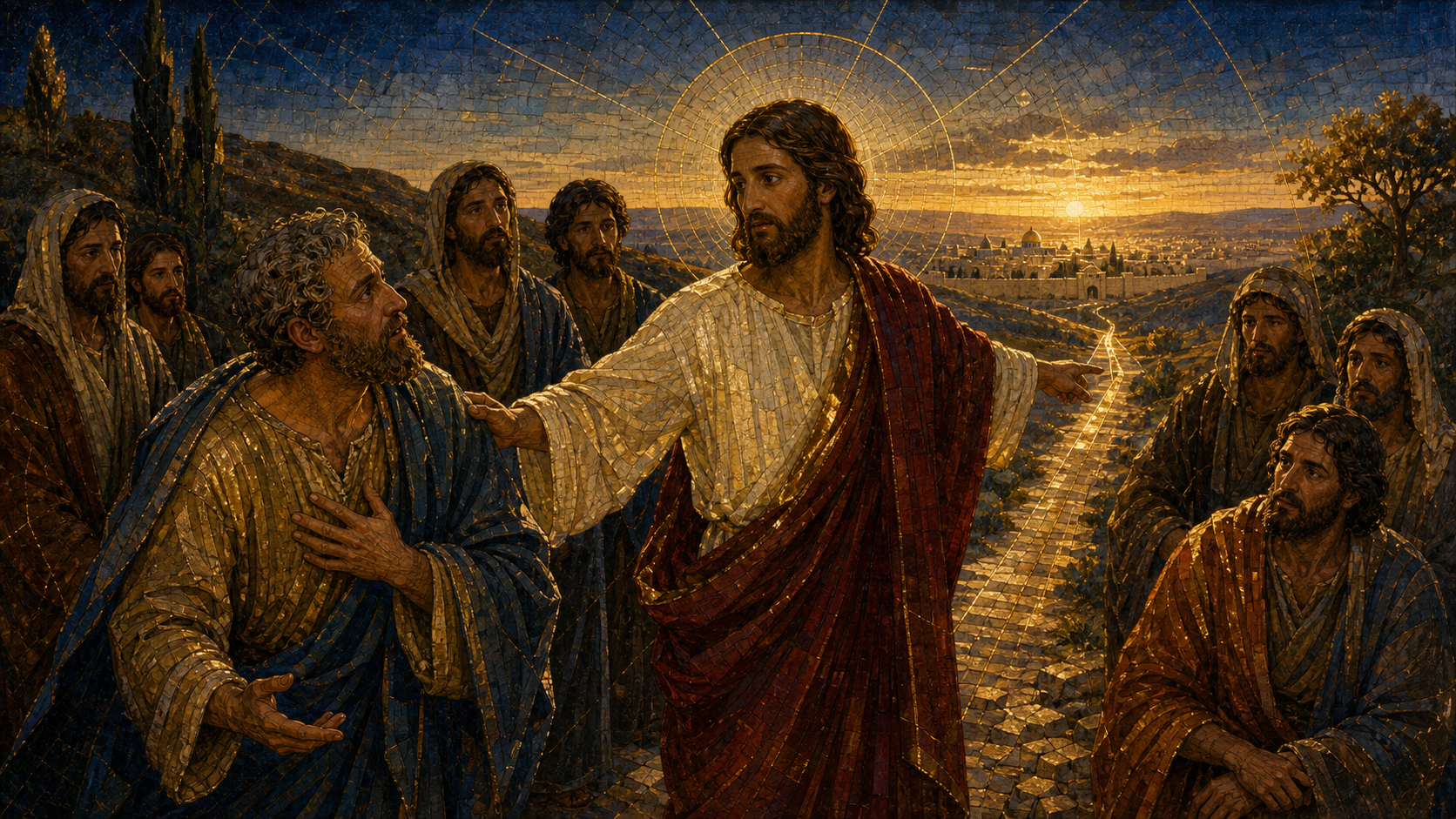 Jesus directs Peter to follow him on the road toward Jerusalem while the disciples look on, rendered in Byzantine mosaic, stained glass, gold leaf, and luminous geometry
