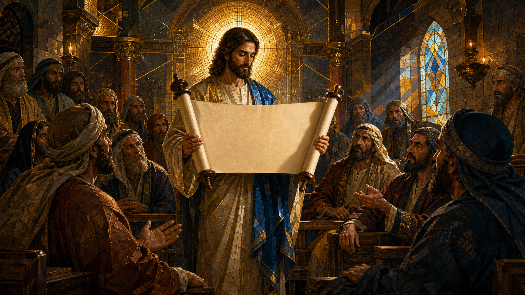 Jesus reads an unlettered scroll in the synagogue at Nazareth while the gathered listeners move from wonder toward rejection, rendered in Byzantine mosaic, stained glass, gold leaf, and luminous geometry
