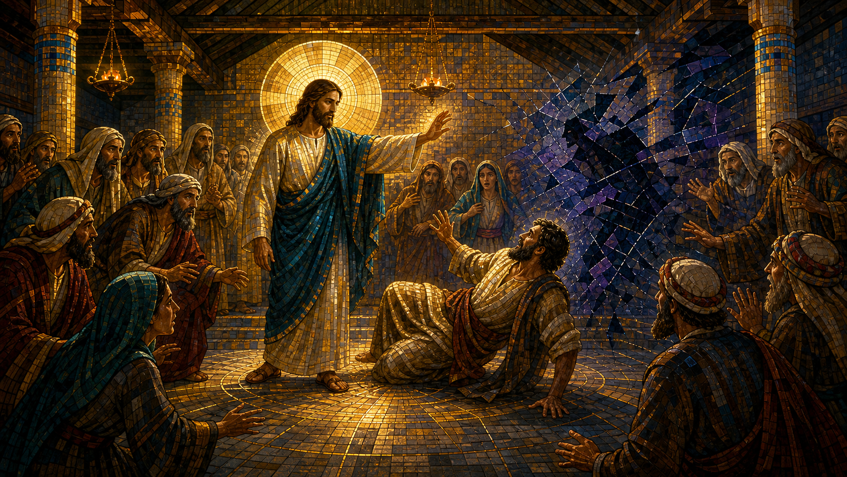 Jesus commands an unclean spirit to leave a man in the synagogue at Capharnaum as the unharmed man falls and the assembly watches in astonishment, rendered in Byzantine mosaic, stained glass, gold leaf, and luminous geometry