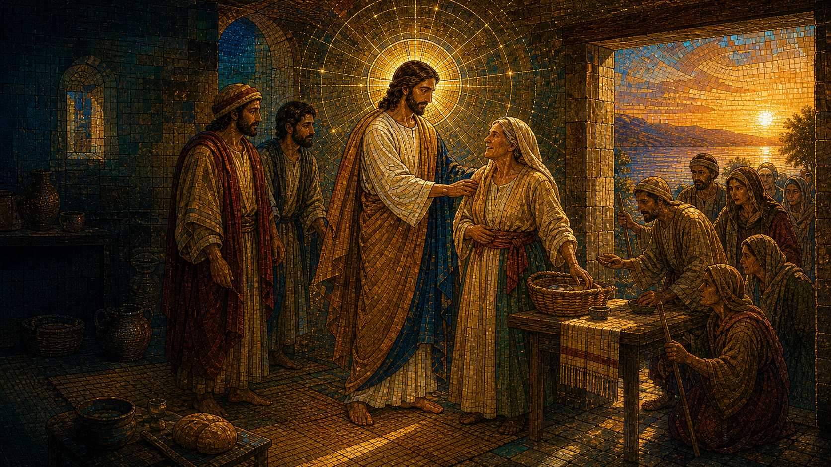 Jesus stands beside Simon's restored mother-in-law as she rises to serve and families bring the sick at sunset, rendered in Byzantine mosaic, stained glass, gold leaf, and luminous geometry