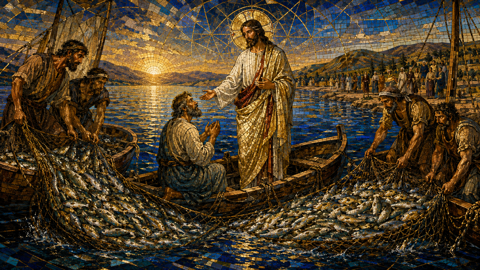 Jesus stands in Simon Peter's boat beside overflowing nets of fish as Peter kneels and the fishermen steady two boats on the Lake of Gennesaret, rendered in Byzantine mosaic, stained glass, gold leaf, and luminous geometry