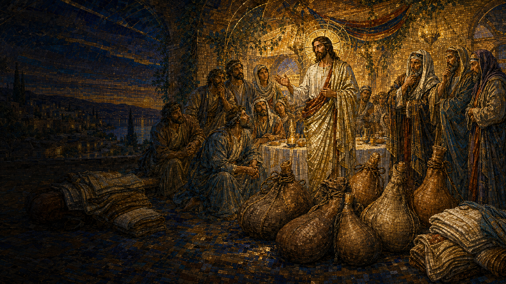 Jesus the Bridegroom stands among his disciples at a luminous wedding table while nearby figures hold old and new wineskins, rendered in Byzantine mosaic, stained glass, gold leaf, and restrained futuristic geometry