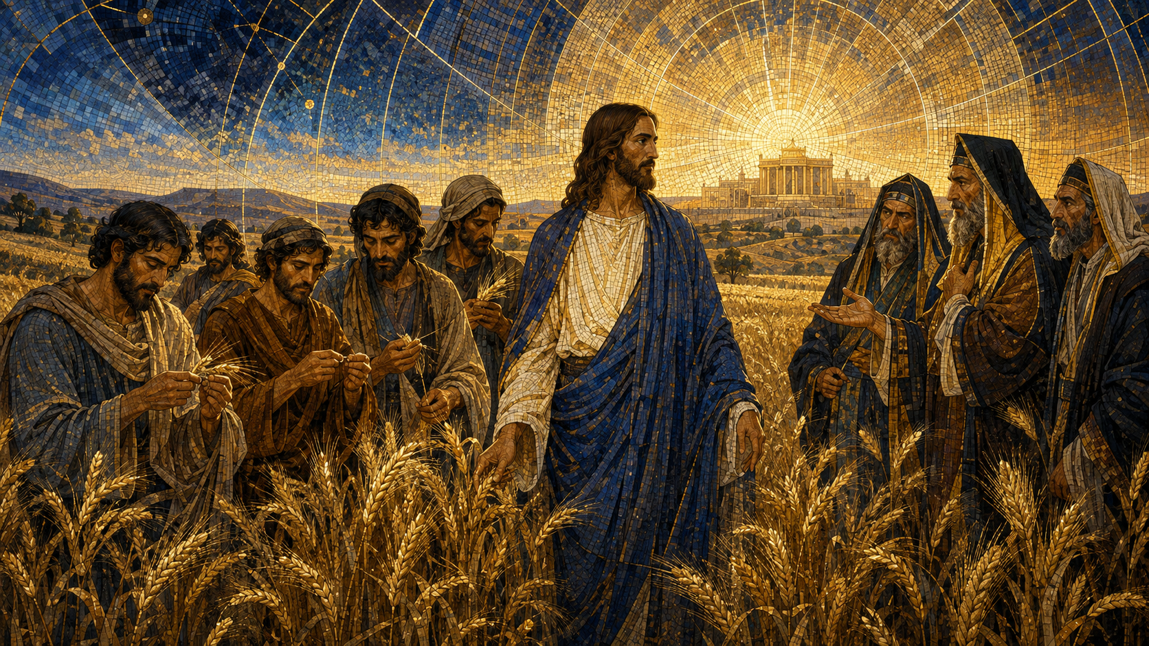Jesus stands calmly between hungry disciples plucking grain and questioning Pharisees in a luminous field rendered as Byzantine mosaic, stained glass, gold leaf, and restrained futuristic geometry