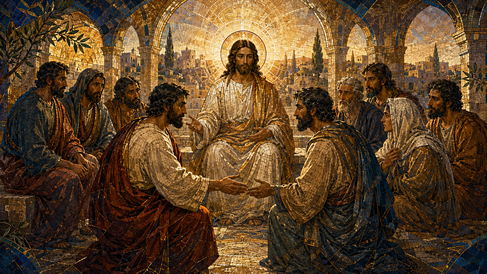 Jesus teaches a small circle of disciples while two estranged brothers turn toward reconciliation, rendered in Byzantine mosaic, stained glass, gold leaf, and restrained luminous geometry