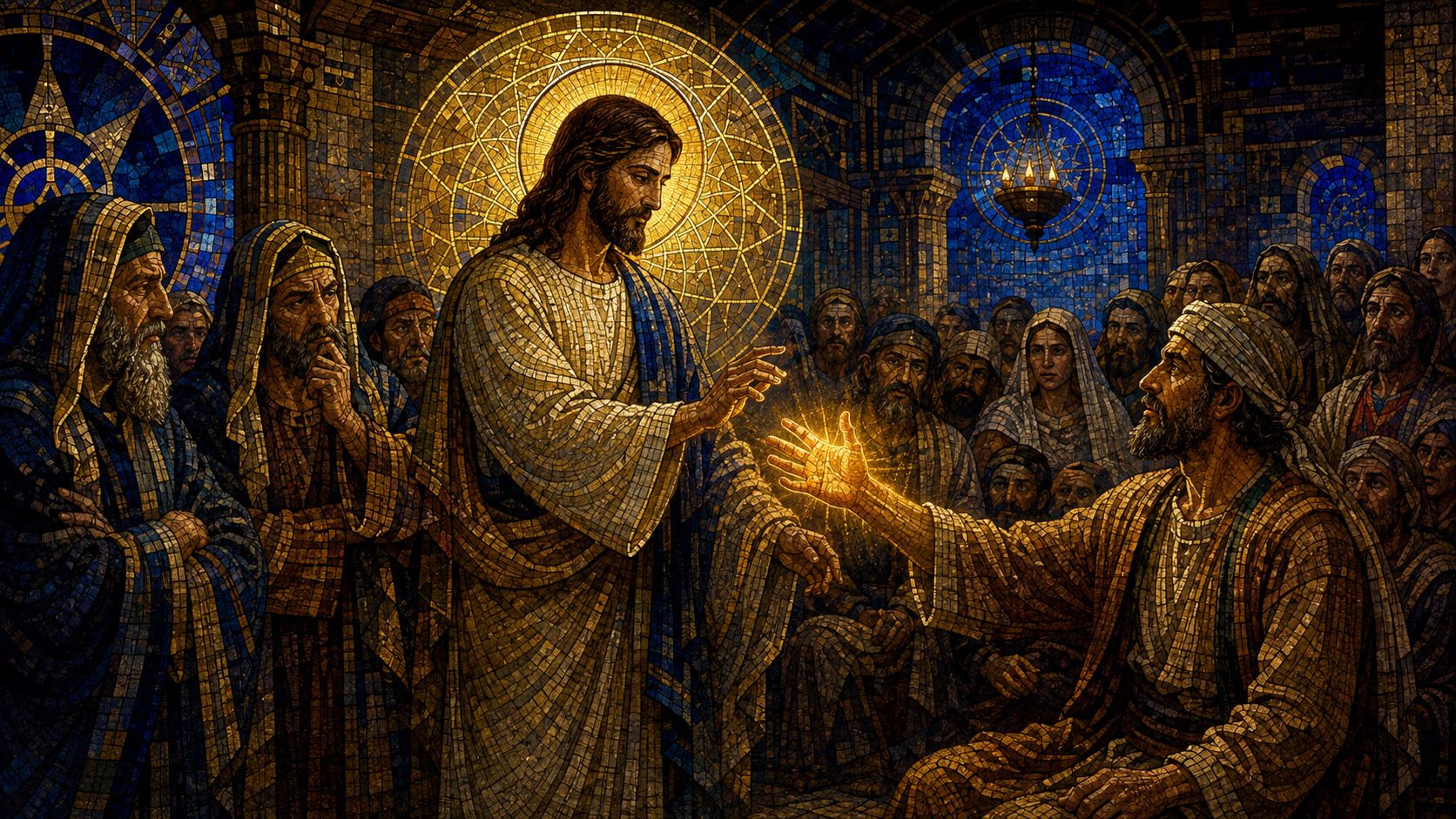 Jesus heals a man's withered right hand in the synagogue while scribes and Pharisees watch, rendered in Byzantine mosaic, stained glass, gold leaf, and restrained luminous geometry