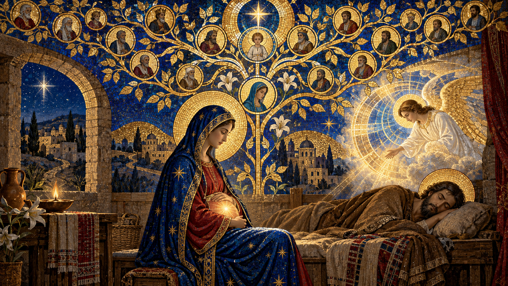 The Virgin Mary beside the sleeping Joseph as an angel reveals the mystery of Emmanuel, with a luminous ancestral tree in Byzantine mosaic, stained glass, gold leaf, and restrained futuristic geometry