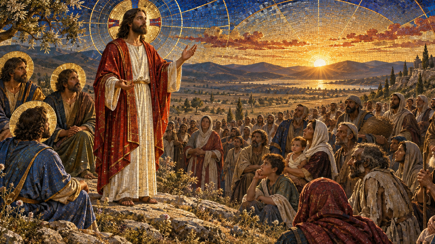 Jesus lifts his eyes toward his disciples and proclaims the blessings and woes on the plain in Byzantine mosaic, stained glass, gold leaf, and luminous geometry