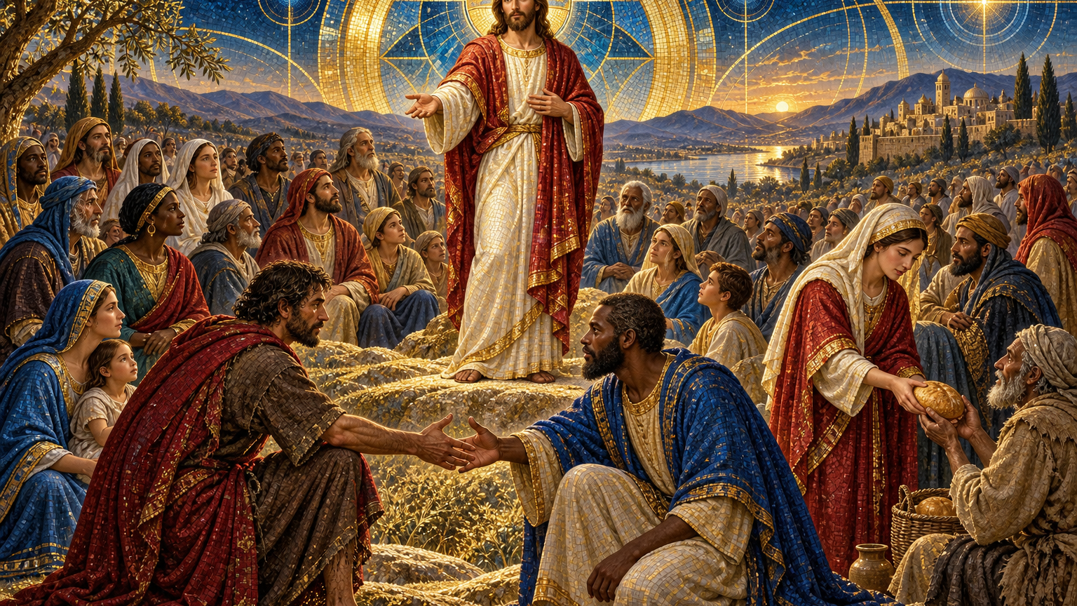 Jesus teaches mercy on the plain as enemies reconcile and the needy receive help, rendered in Byzantine mosaic, stained glass, gold leaf, and luminous geometry