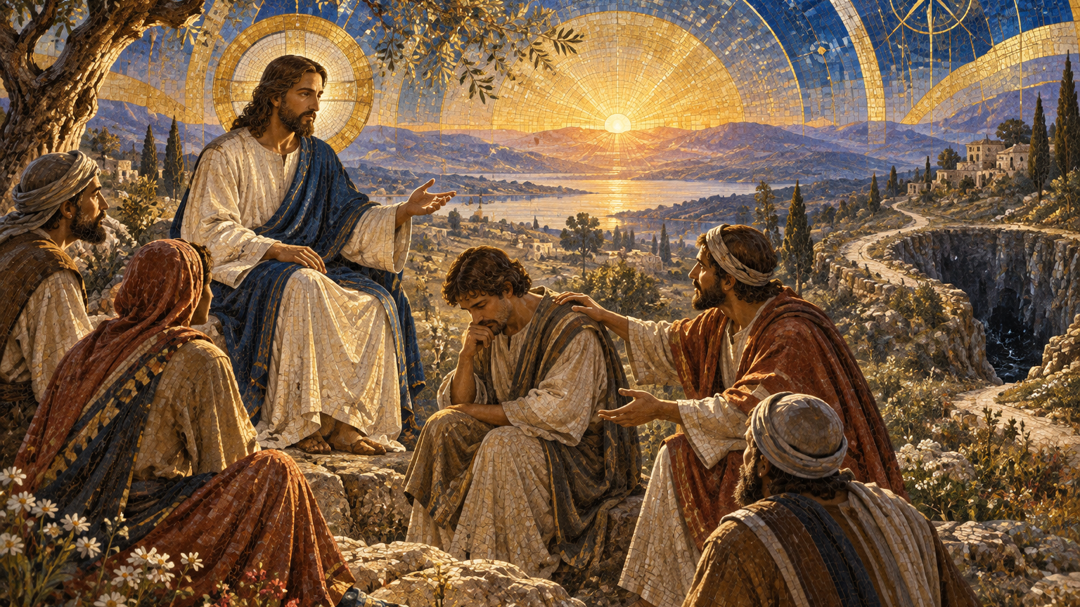 Jesus teaches disciples on a Galilean plain about clear sight, humble self-examination, and compassionate guidance in Byzantine mosaic and stained glass