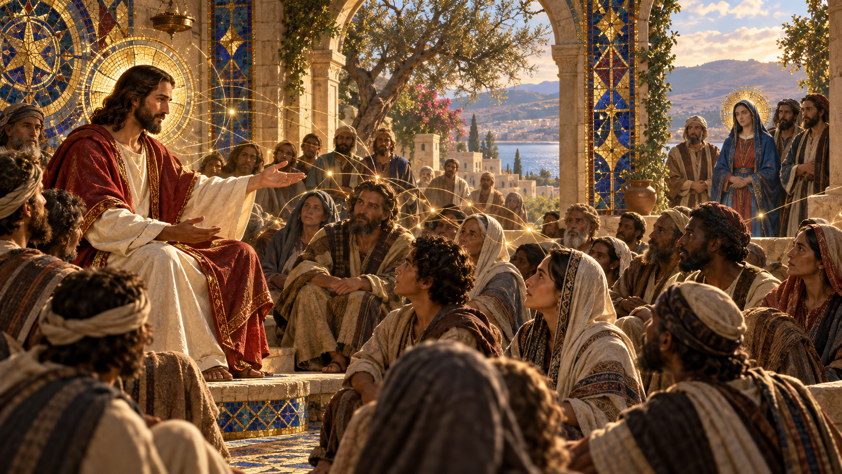 Jesus teaches a gathered crowd while Mary and his kinsmen wait at the edge of a Galilean courtyard, rendered in Byzantine mosaic, stained glass, and gold leaf