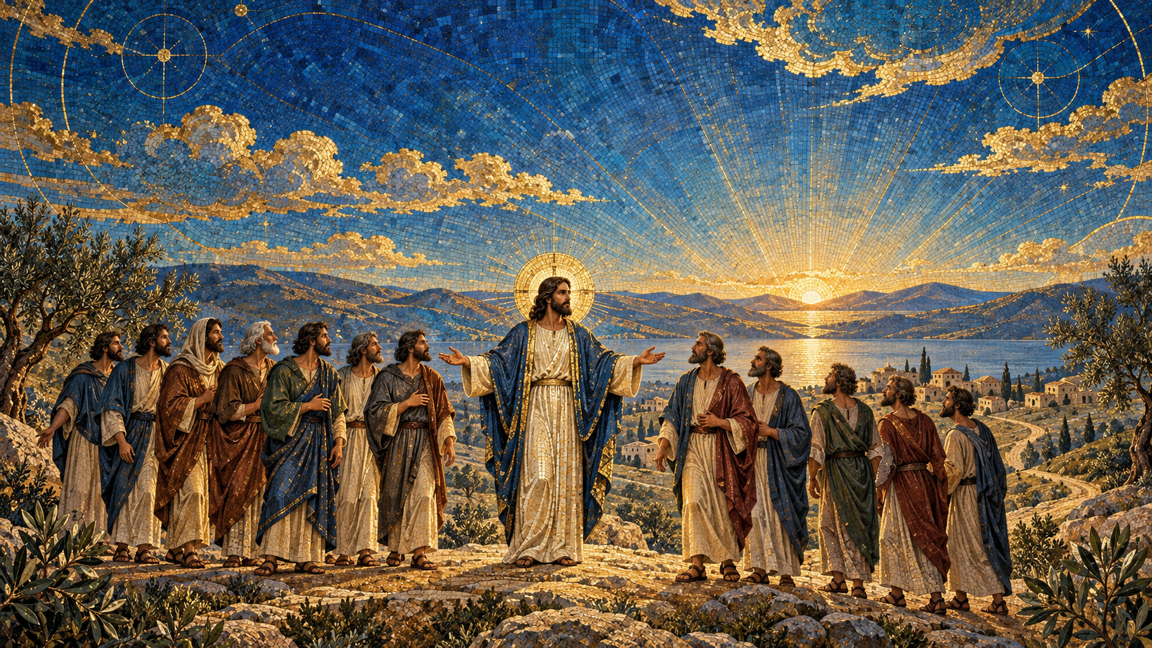 Jesus blesses and commissions the Twelve to preach and heal, portrayed in Byzantine mosaic, stained glass, gold leaf, and luminous sacred geometry