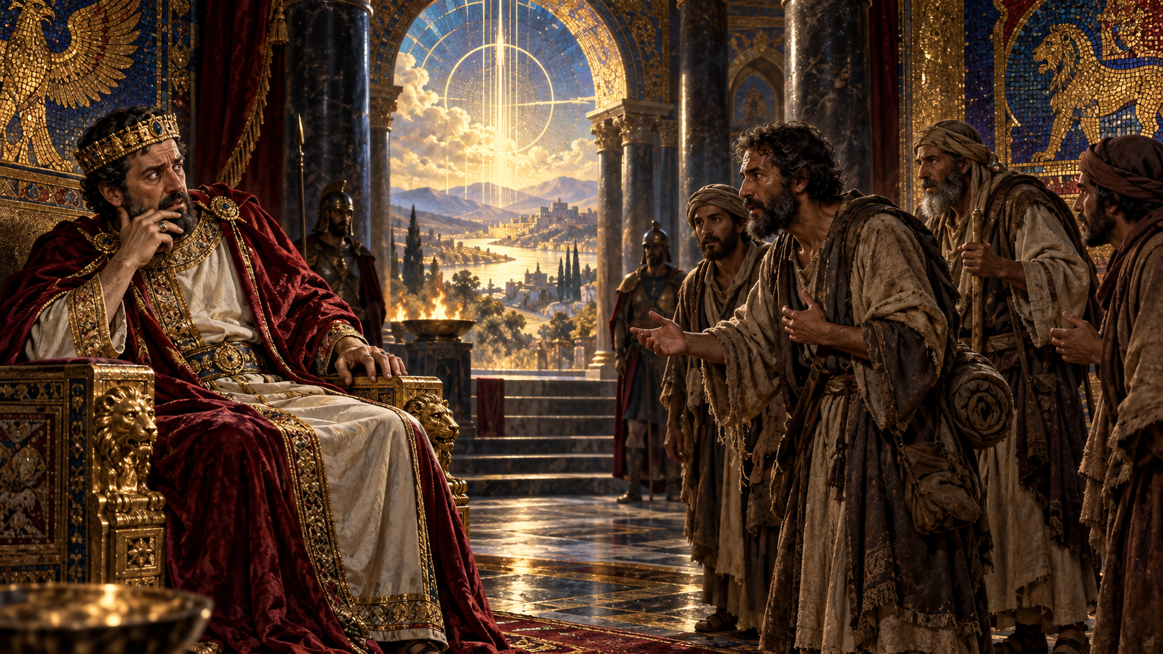 Herod listens uneasily to reports about Jesus in a shadowed palace of Byzantine mosaic, stained glass, gold leaf, and luminous sacred geometry