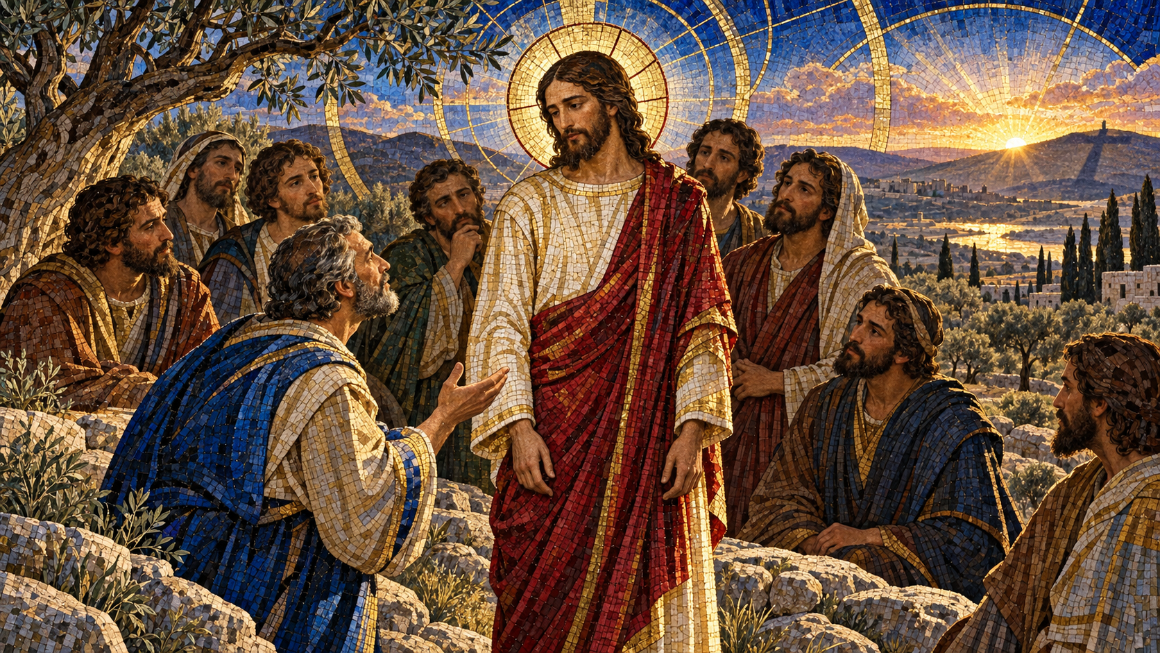Peter confesses Christ among the disciples after Jesus prays, rendered in Byzantine mosaic, stained glass, gold leaf, and luminous sacred geometry