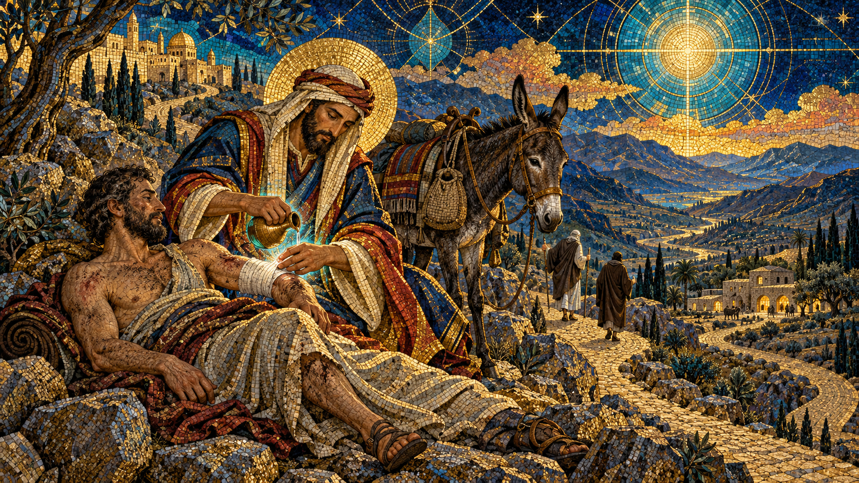 The Good Samaritan binds a wounded traveller's injuries beside a donkey on the road to Jericho, in Byzantine mosaic, stained glass, gold leaf, and luminous geometry