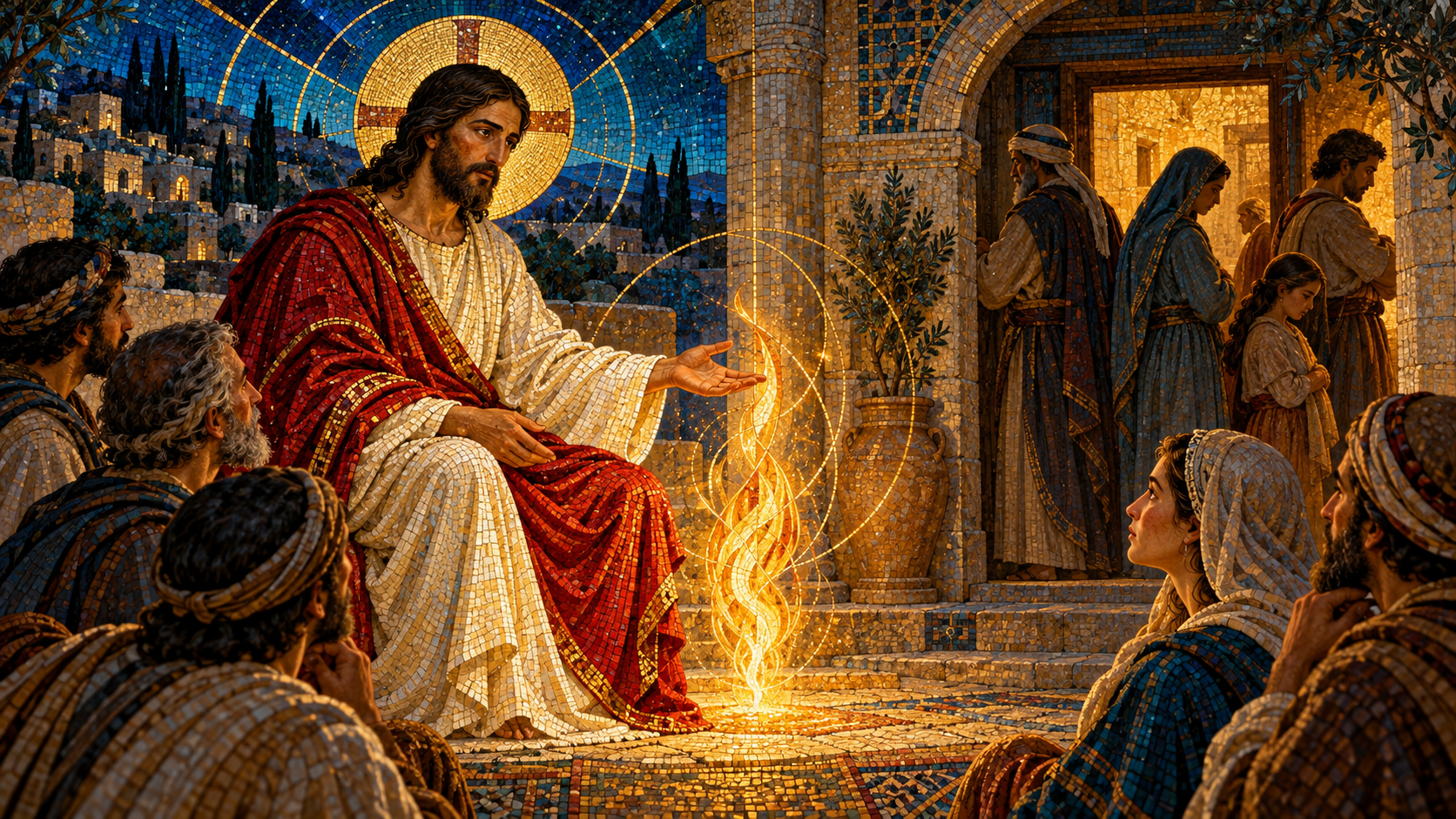 Jesus teaches in an ancient Judean courtyard beside a symbolic flame of spiritual light, with a divided household in the background, rendered in Byzantine mosaic, stained glass, gold leaf, and luminous geometry.
