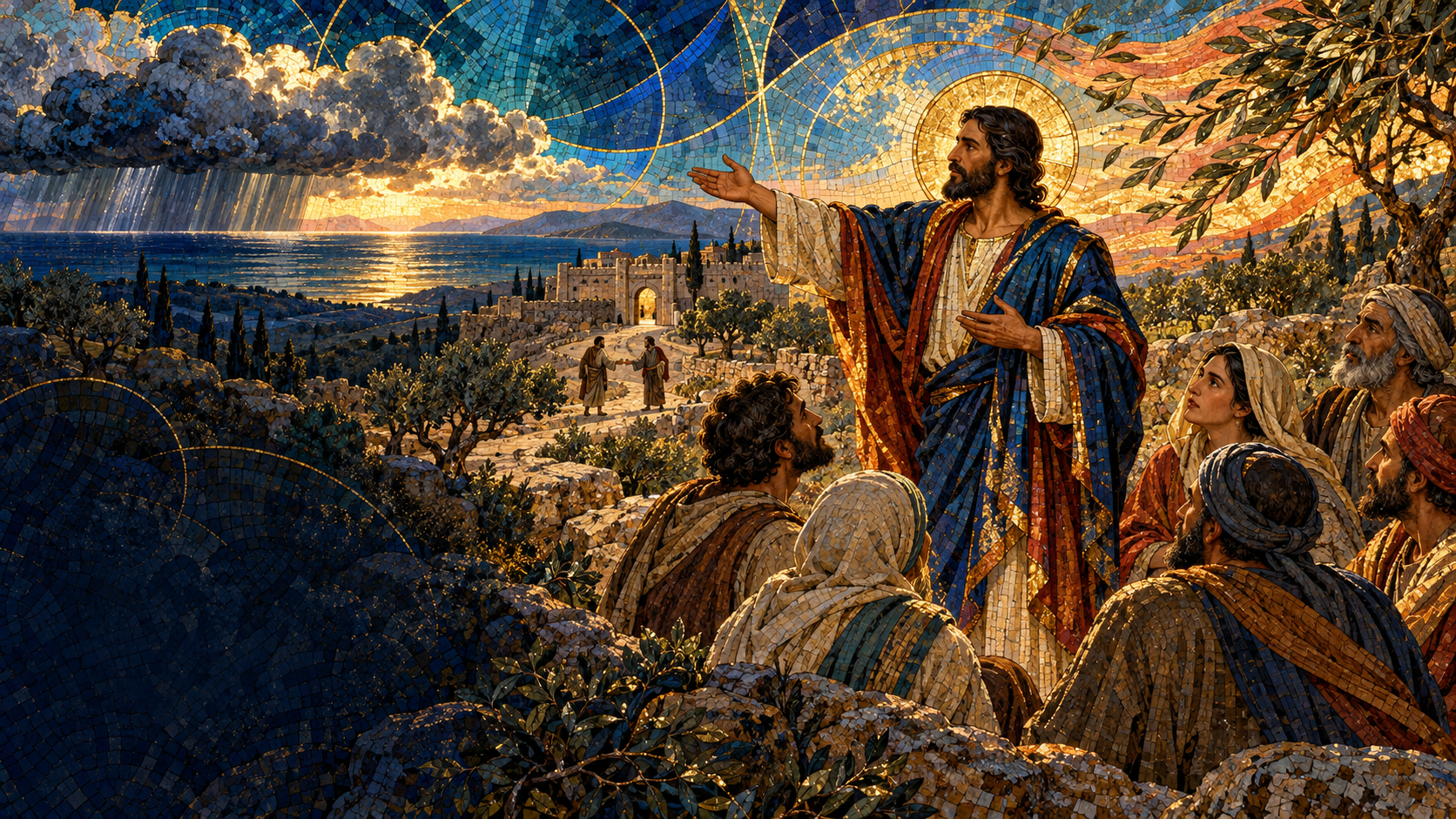 Jesus teaches an ancient Judean crowd beneath a western rain cloud and a warm southern wind, while travelers seek reconciliation on a road, in Byzantine mosaic, stained glass, gold leaf, and luminous geometry.